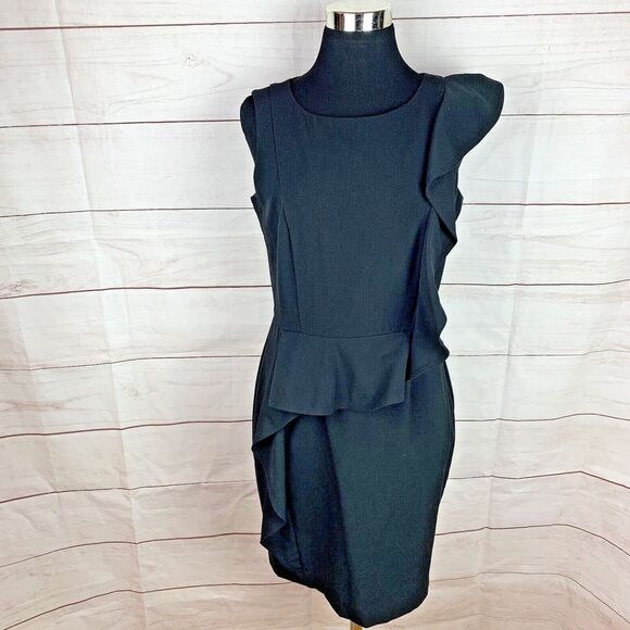 Calvin Klein Dress Black 8 Medium Ruffle Bodycon Formal Classic Zipper Career - Picture 1 of 16